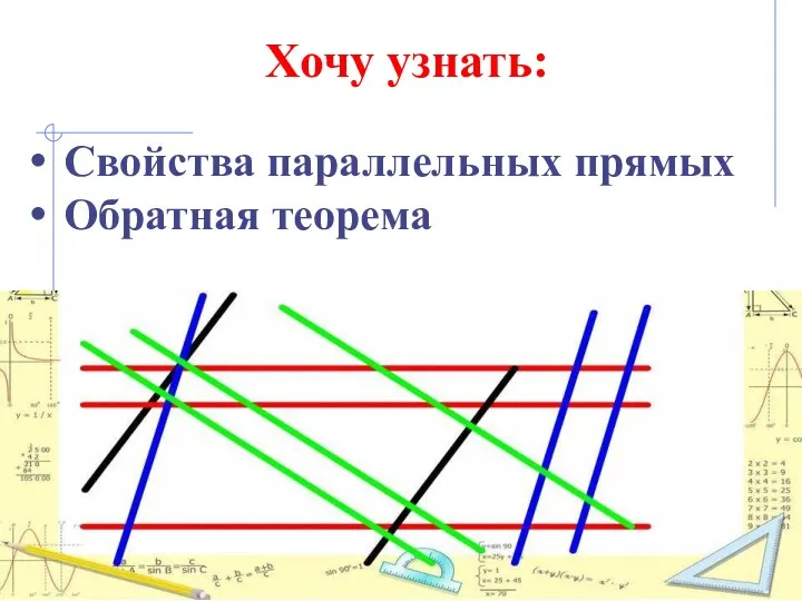 Свойства параллельных прямых Обратная теорема Хочу узнать: