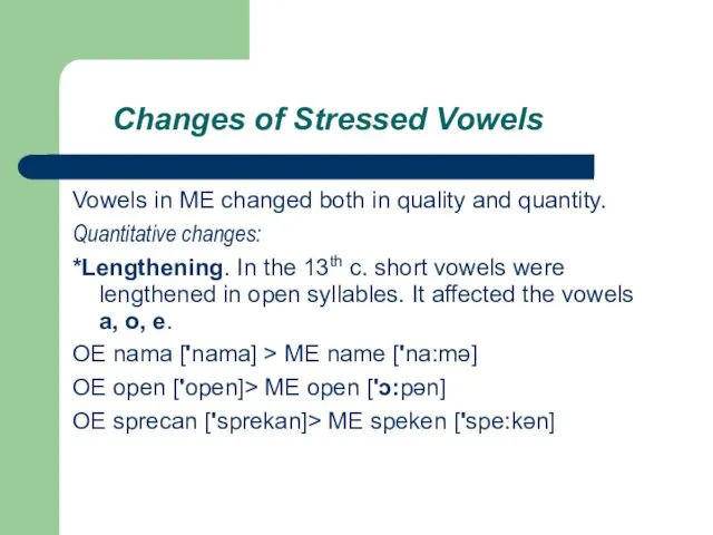 Changes of Stressed Vowels Vowels in ME changed both in