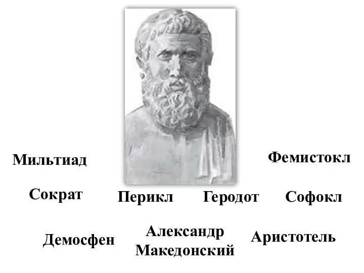 Мильтиад Фемистокл Перикл Геродот Сократ Софокл Александр Македонский Демосфен Аристотель