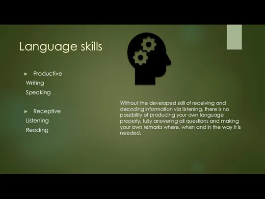 Language skills Productive Writing Speaking Receptive Listening Reading Without the developed skill of