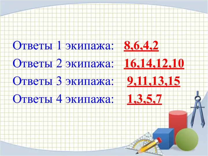 Ответы 1 экипажа: 8,6,4,2 Ответы 2 экипажа: 16,14,12,10 Ответы 3 экипажа: 9,11,13,15 Ответы 4 экипажа: 1,3,5,7