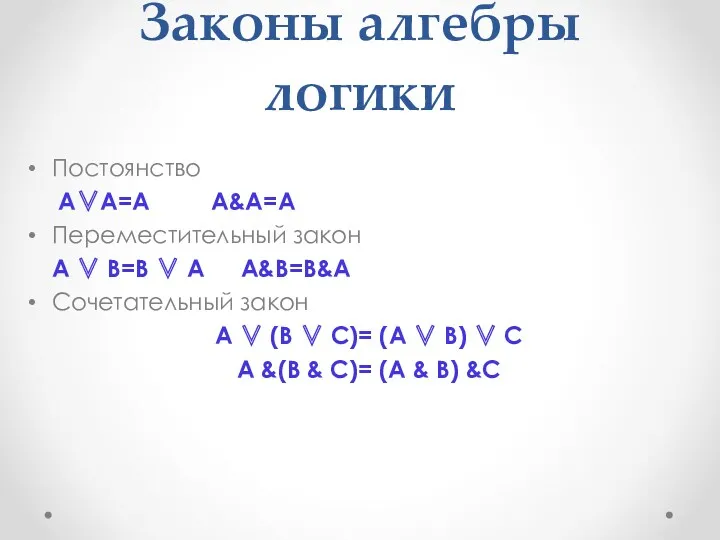 Законы алгебры логики Постоянство А∨А=А А&А=А Переместительный закон А ∨