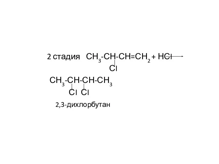 2 стадия СН3-СН-СН=СН2 + НСI СI СН3-СН-СН-СН3 СI СI 2,3-дихлорбутан
