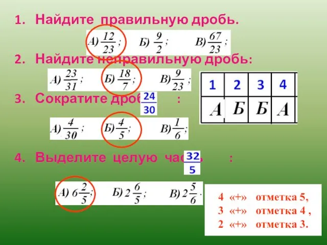 1. Найдите правильную дробь. 2. Найдите неправильную дробь: 3. Сократите