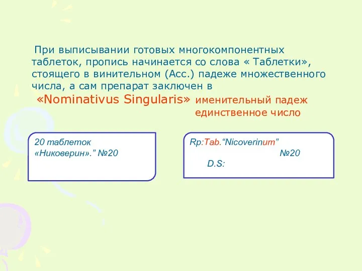 При выписывании готовых многокомпонентных таблеток, пропись начинается со слова «