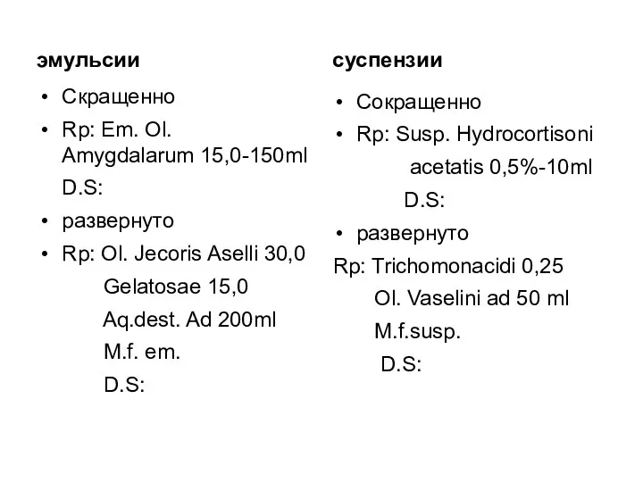 эмульсии Скращенно Rp: Em. Ol. Amygdalarum 15,0-150ml D.S: развернуто Rp: