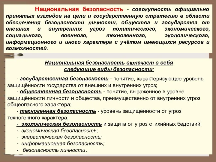 Национальная безопасность - совокупность официально принятых взглядов на цели и