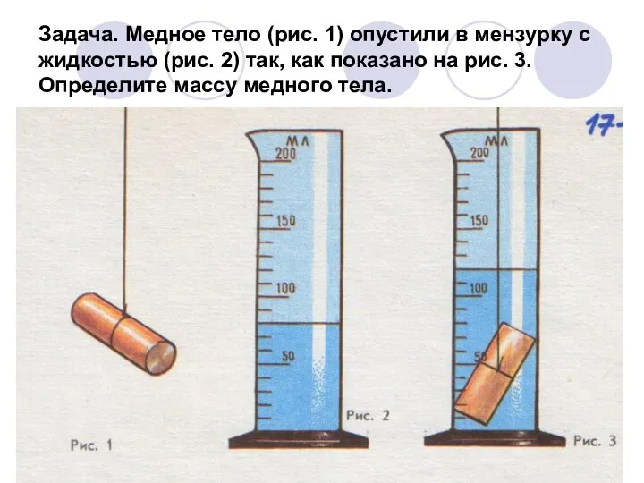 Задача. Медное тело (рис. 1) опустили в мензурку с жидкостью