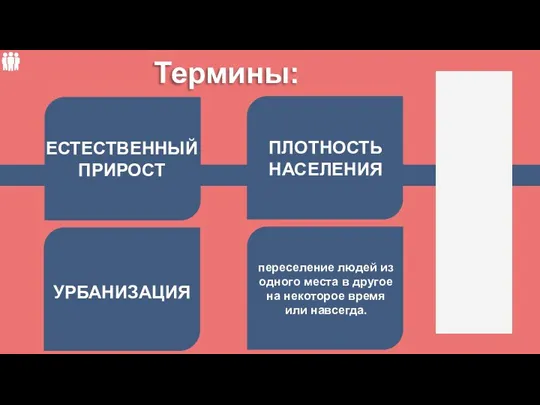 УРБАНИЗАЦИЯ ЕСТЕСТВЕННЫЙ ПРИРОСТ ПЛОТНОСТЬ НАСЕЛЕНИЯ переселение людей из одного места