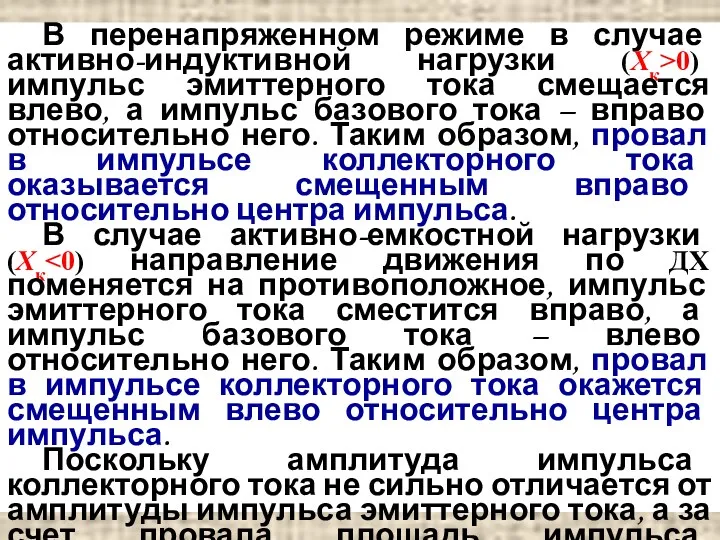 В перенапряженном режиме в случае активно-индуктивной нагрузки (Xк>0) импульс эмиттерного