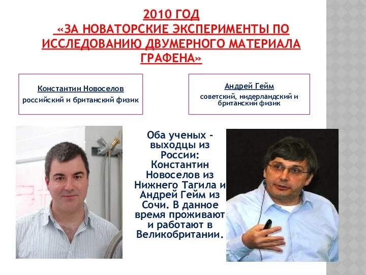 2010 ГОД «ЗА НОВАТОРСКИЕ ЭКСПЕРИМЕНТЫ ПО ИССЛЕДОВАНИЮ ДВУМЕРНОГО МАТЕРИАЛА ГРАФЕНА»