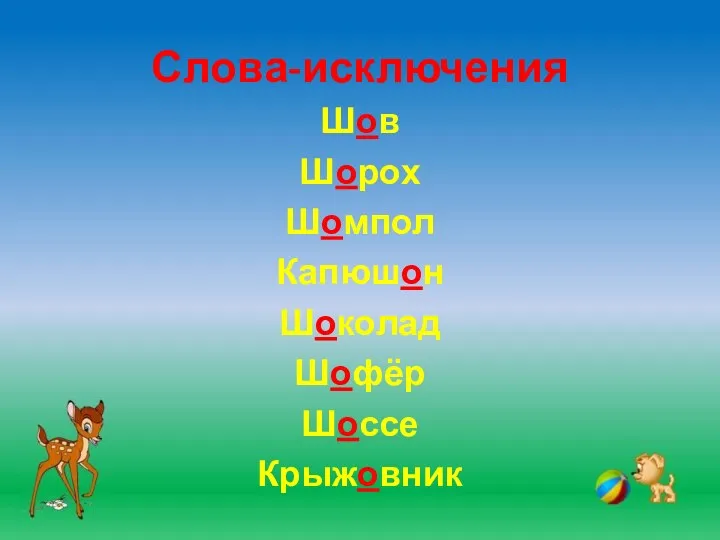 Слова-исключения Шов Шорох Шомпол Капюшон Шоколад Шофёр Шоссе Крыжовник