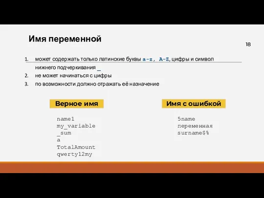 Имя переменной Верное имя Имя с ошибкой может содержать только