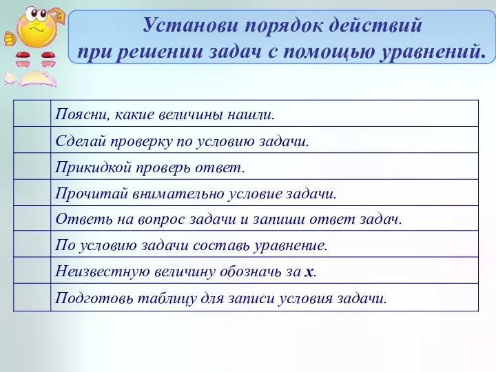 Установи порядок действий при решении задач с помощью уравнений.