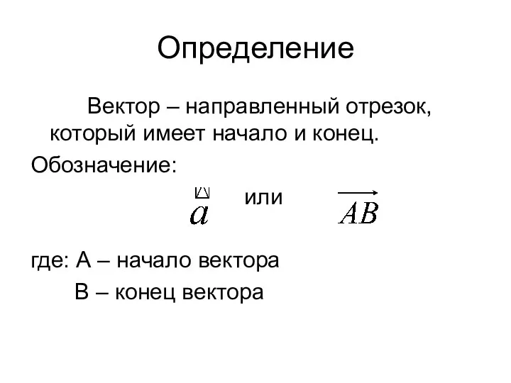 Определение Вектор – направленный отрезок, который имеет начало и конец.