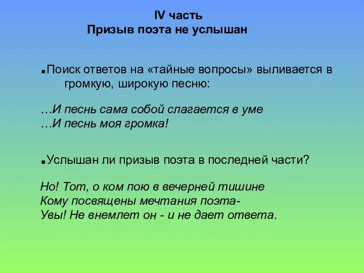 IV часть Призыв поэта не услышан .Поиск ответов на «тайные вопросы» выливается в