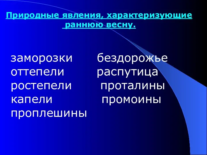 Природные явления, характеризующие раннюю весну. заморозки бездорожье оттепели распутица ростепели проталины капели промоины проплешины