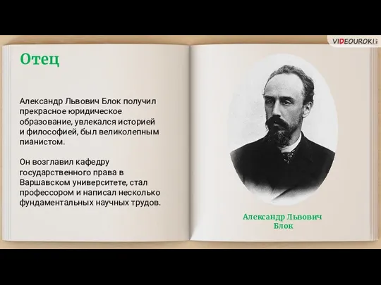 Отец Александр Львович Блок получил прекрасное юридическое образование, увлекался историей