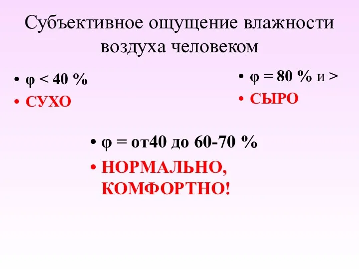 Субъективное ощущение влажности воздуха человеком φ СУХО φ = 80 % и >