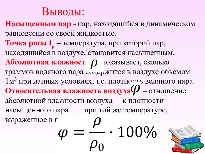 Выводы: Насыщенным пар - пар, находящийся в динамическом равновесии со своей жидкостью. Точка