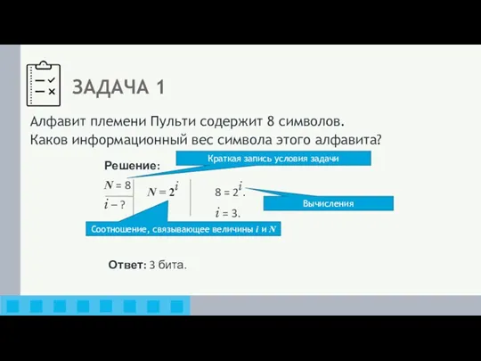 Решение: N = 8 i – ? 8 = 2i.