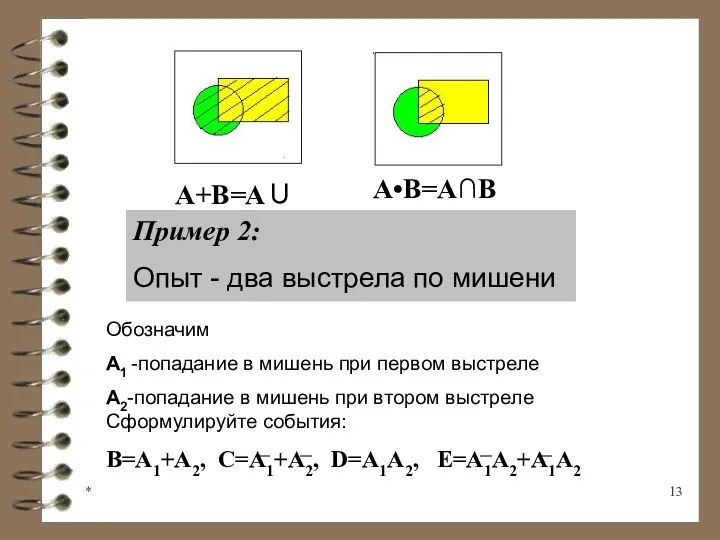 * A+B=A∪B A•B=A∩B Пример 2: Опыт - два выстрела по