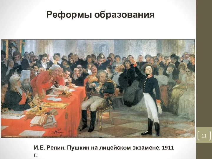 Реформы образования И.Е. Репин. Пушкин на лицейском экзамене. 1911 г.