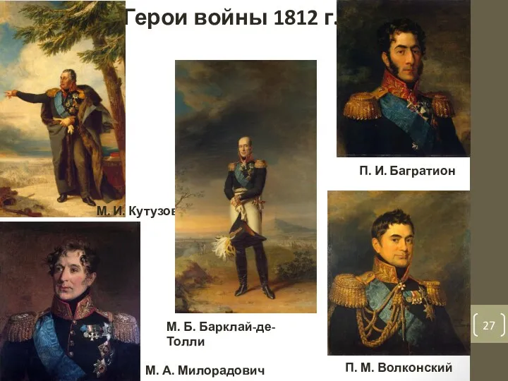 Герои войны 1812 г. М. А. Милорадович П. М. Волконский