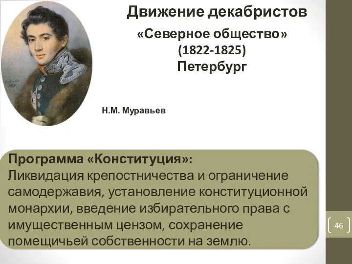 Движение декабристов Н.М. Муравьев «Северное общество» (1822-1825) Петербург