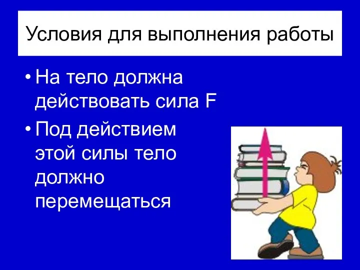 Условия для выполнения работы На тело должна действовать сила F