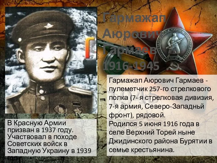 Гармажап Аюрович Гармаев 1916-1945 Гармажап Аюрович Гармаев - пулеметчик 257-го