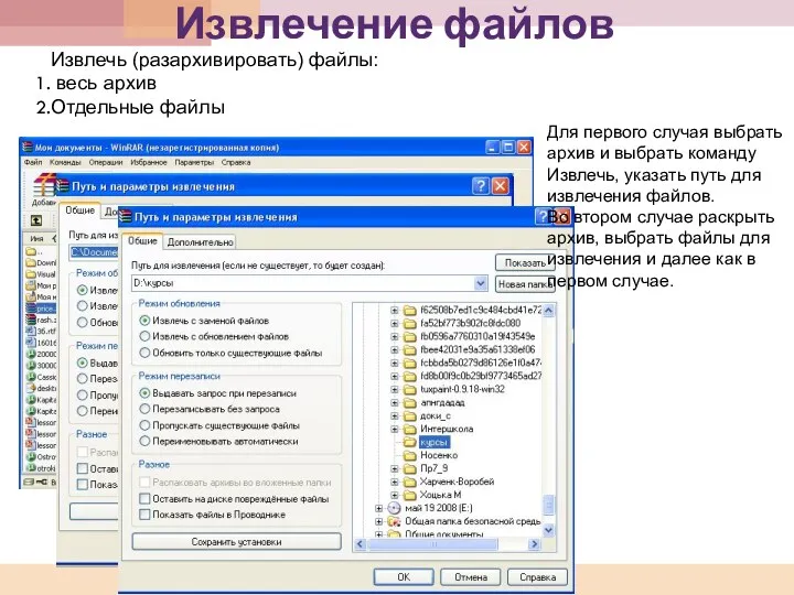 Извлечение файлов Извлечь (разархивировать) файлы: весь архив Отдельные файлы Для