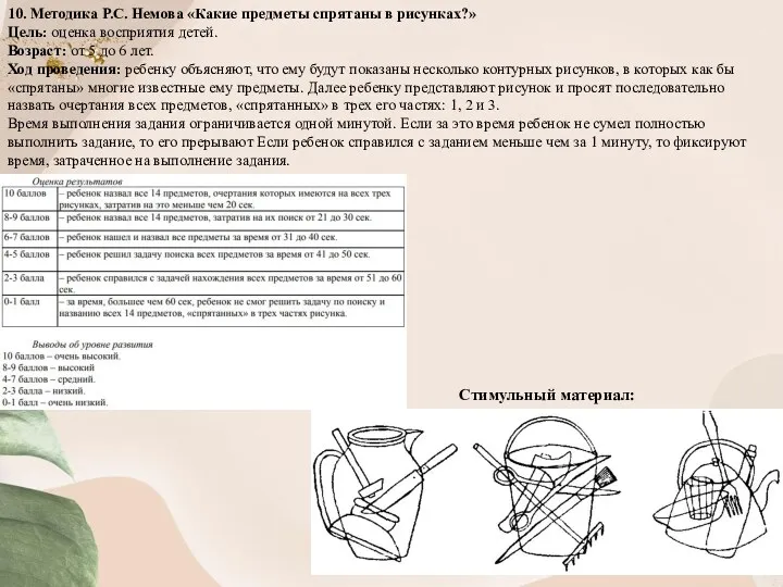 10. Методика Р.С. Немова «Какие предметы спрятаны в рисунках?» Цель: