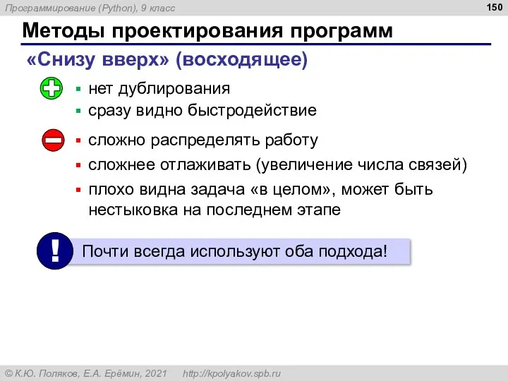 Методы проектирования программ «Снизу вверх» (восходящее) нет дублирования сразу видно