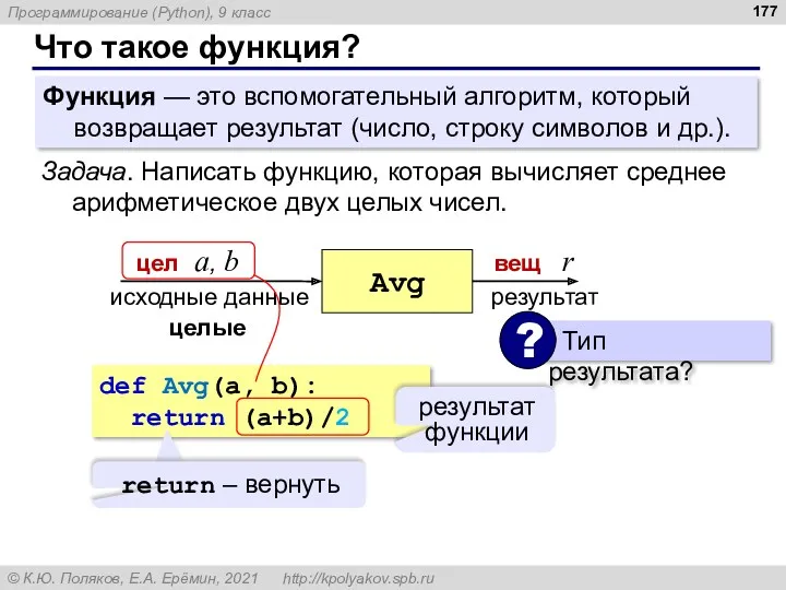 Что такое функция? Функция — это вспомогательный алгоритм, который возвращает