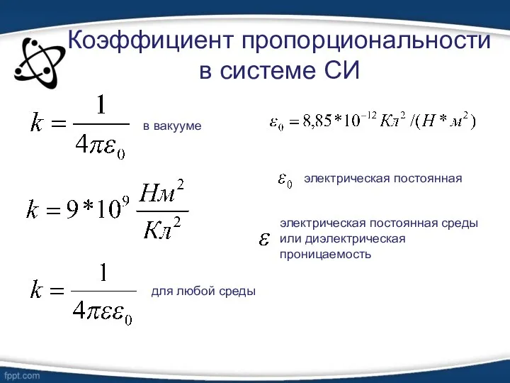 Коэффициент пропорциональности в системе СИ электрическая постоянная в вакууме для