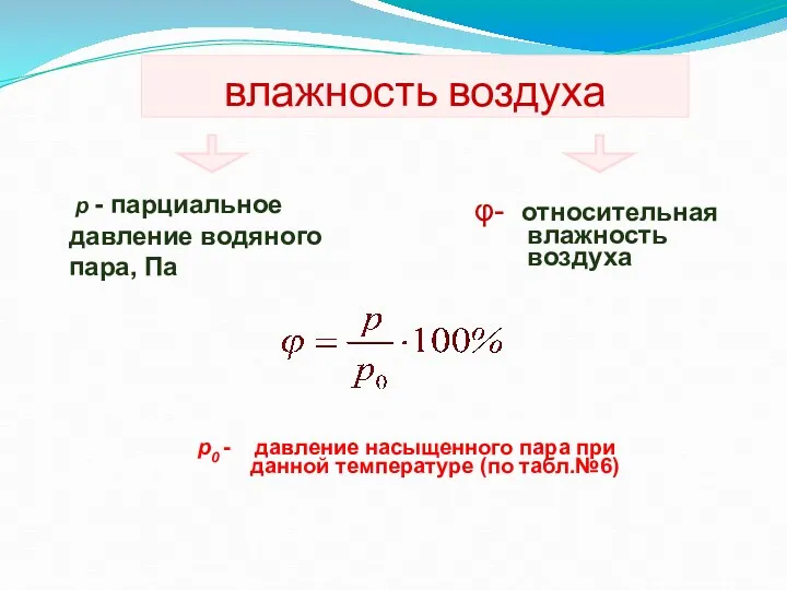 влажность воздуха р - парциальное давление водяного пара, Па φ-