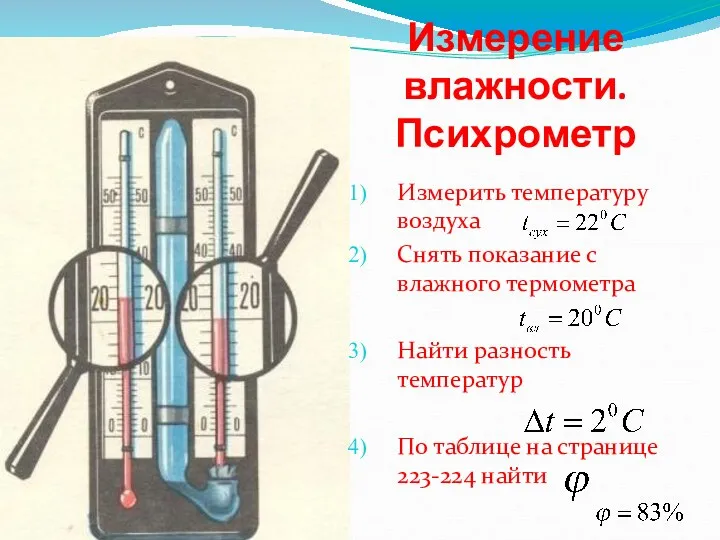 Измерить температуру воздуха Снять показание с влажного термометра Найти разность