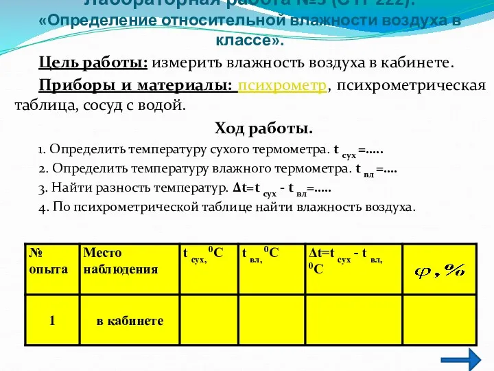 Лабораторная работа №3 (СТР222). «Определение относительной влажности воздуха в классе».