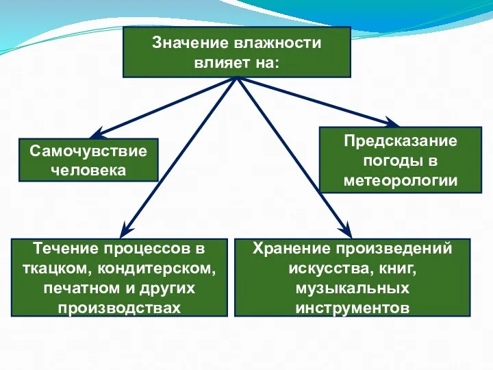 Значение влажности влияет на: Самочувствие человека Предсказание погоды в метеорологии