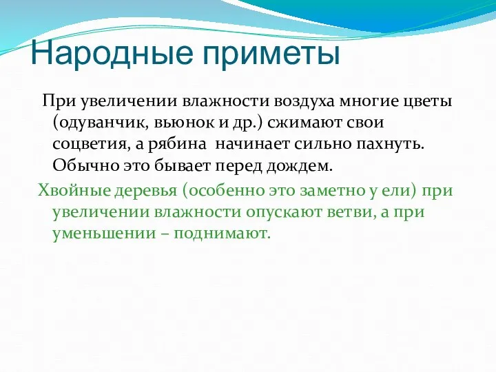 Народные приметы При увеличении влажности воздуха многие цветы (одуванчик, вьюнок