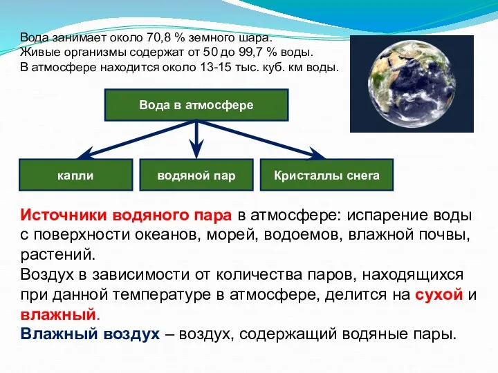 Вода занимает около 70,8 % земного шара. Живые организмы содержат