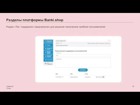 Разделы платформы Banki.shop Самолет Плюс Раздел «Тех. поддержка» предназначен для решения технических проблем пользователей.