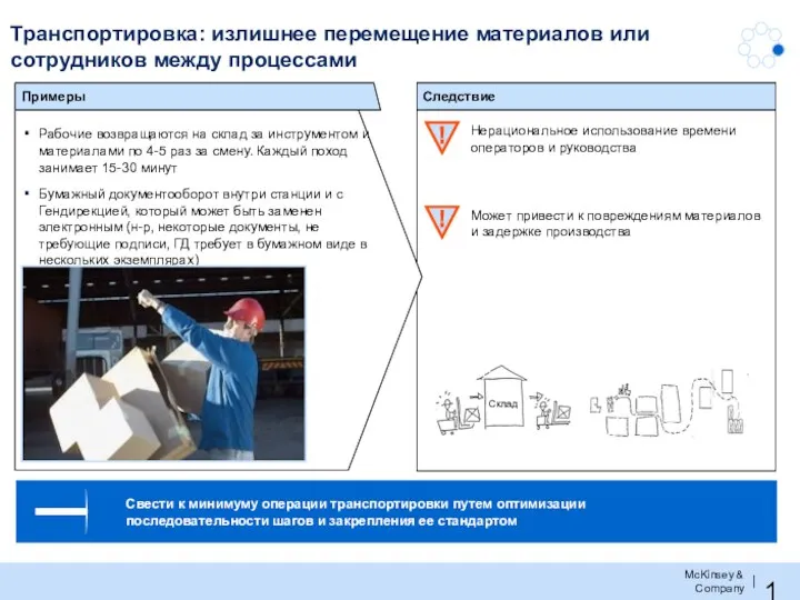 Транспортировка: излишнее перемещение материалов или сотрудников между процессами Свести к