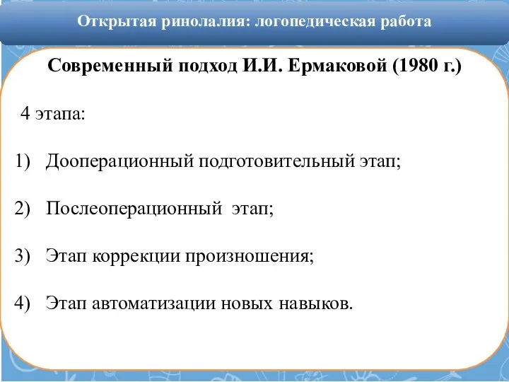 Современный подход И.И. Ермаковой (1980 г.) 4 этапа: Дооперационный подготовительный