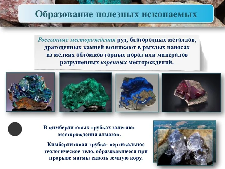 Образование полезных ископаемых Россыпные месторождения руд, благородных металлов, драгоценных камней возникают в рыхлых