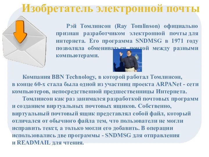 Изобретатель электронной почты Компания BBN Technology, в которой работал Томлинсон,