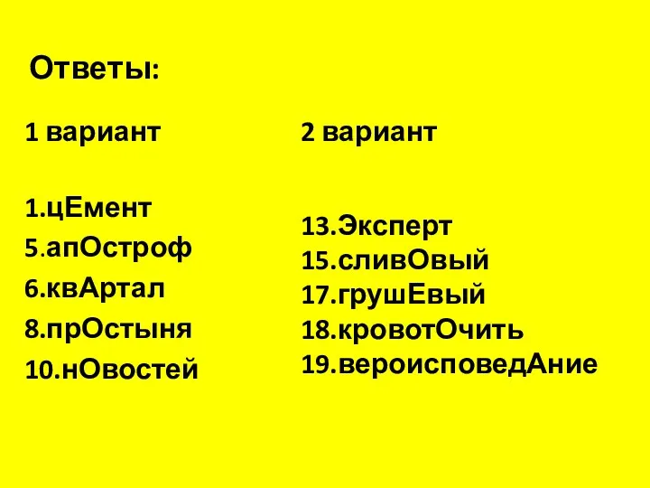 Ответы: 1 вариант 1.цЕмент 5.апОстроф 6.квАртал 8.прОстыня 10.нОвостей 2 вариант 13.Эксперт 15.сливОвый 17.грушЕвый 18.кровотОчить 19.вероисповедАние