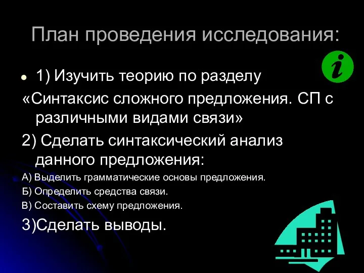 План проведения исследования: 1) Изучить теорию по разделу «Синтаксис сложного