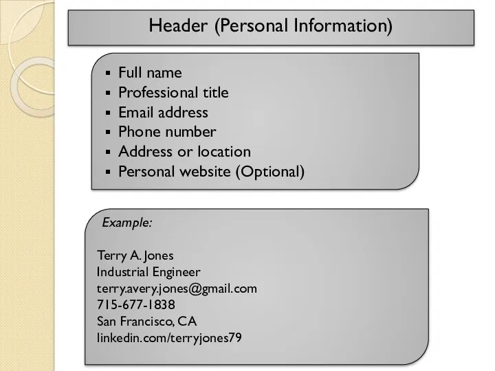 Header (Personal Information) Full name Professional title Email address Phone